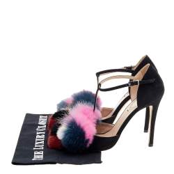 Pre Owned Fendi Black Suede And Multicolor Mink Fur Ankle Strap Pumps Size 36