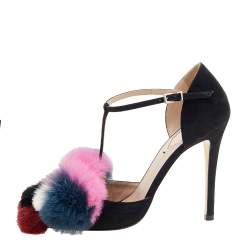 Pre Owned Fendi Black Suede And Multicolor Mink Fur Ankle Strap Pumps Size 36