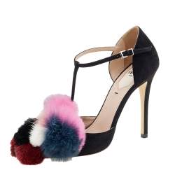 Pre Owned Fendi Black Suede And Multicolor Mink Fur Ankle Strap Pumps Size 36
