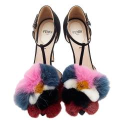Pre Owned Fendi Black Suede And Multicolor Mink Fur Ankle Strap Pumps Size 36