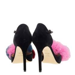 Pre Owned Fendi Black Suede And Multicolor Mink Fur Ankle Strap Pumps Size 36
