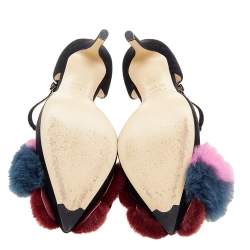 Pre Owned Fendi Black Suede And Multicolor Mink Fur Ankle Strap Pumps Size 36