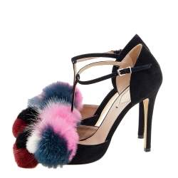Pre Owned Fendi Black Suede And Multicolor Mink Fur Ankle Strap Pumps Size 36
