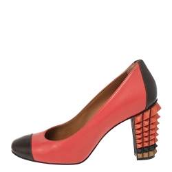 Pre Owned Fendi Red/Black Leather Cap Toe Studded Block Heel Pumps Size 38.5