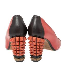 Pre Owned Fendi Red/Black Leather Cap Toe Studded Block Heel Pumps Size 38.5