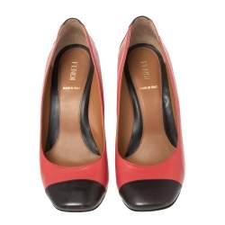 Pre Owned Fendi Red/Black Leather Cap Toe Studded Block Heel Pumps Size 38.5