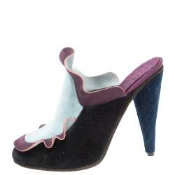 Pre Owned Fendi Multicolor Velvet And Nubuck Leather Mules Sandals Size 39