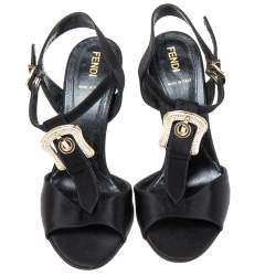 Pre Owned Fendi Black Satin Crystal Embellished Buckle T-Strap Sandals Size 37