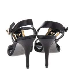 Pre Owned Fendi Black Satin Crystal Embellished Buckle T-Strap Sandals Size 37