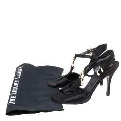 Pre Owned Fendi Black Satin Crystal Embellished Buckle T-Strap Sandals Size 37