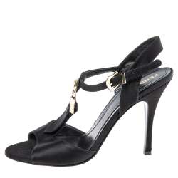 Pre Owned Fendi Black Satin Crystal Embellished Buckle T-Strap Sandals Size 37