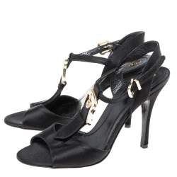 Pre Owned Fendi Black Satin Crystal Embellished Buckle T-Strap Sandals Size 37