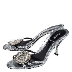 Fendi Silver Texture Leather Crystal Logo Embellished Sandals Size 36