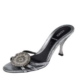 Fendi Silver Texture Leather Crystal Logo Embellished Sandals Size 36