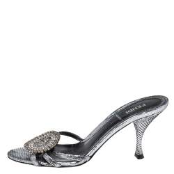 Fendi Silver Texture Leather Crystal Logo Embellished Sandals Size 36