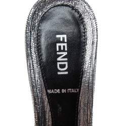 Fendi Silver Texture Leather Crystal Logo Embellished Sandals Size 36