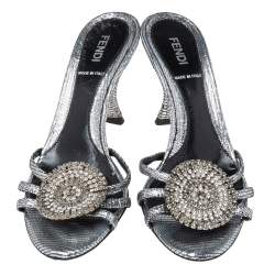 Fendi Silver Texture Leather Crystal Logo Embellished Sandals Size 36