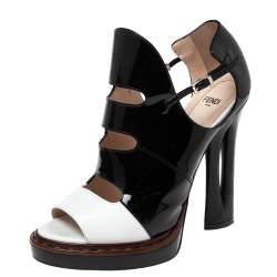 Fendi Black/White Patent and Leather Open-Toe Platform Sandals Size 38