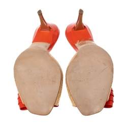Pre Owned Fendi Beige/Orange Raffia and Patent Leather Bow Slide Sandals Size 35