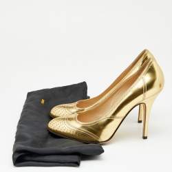 Pre Owned حذاء كعب عالي فندي جلد مثقب ذهبي ميتالك بمقدمة مستديرة مقاس 37