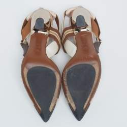 Pre Owned Fendi Brown/Beige Zucca Mesh And Leather Colibri Slingback Sandals  Size 39