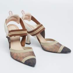 Pre Owned Fendi Brown/Beige Zucca Mesh And Leather Colibri Slingback Sandals  Size 39