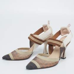 Pre Owned Fendi Brown/Beige Zucca Mesh And Leather Colibri Slingback Sandals  Size 39
