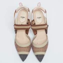 Pre Owned Fendi Brown/Beige Zucca Mesh And Leather Colibri Slingback Sandals  Size 39