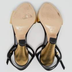 Pre Owned Fendi Gold/Black Leather Studded Wedge Ankle Strap Sandals Size 38