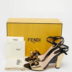 Pre Owned Fendi Gold/Black Leather Studded Wedge Ankle Strap Sandals Size 38