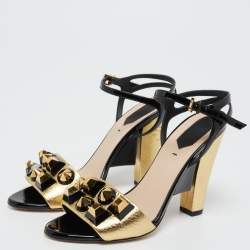 Pre Owned Fendi Gold/Black Leather Studded Wedge Ankle Strap Sandals Size 38