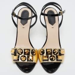 Pre Owned Fendi Gold/Black Leather Studded Wedge Ankle Strap Sandals Size 38