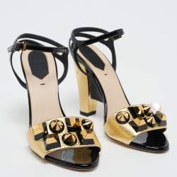 Pre Owned Fendi Gold/Black Leather Studded Wedge Ankle Strap Sandals Size 38