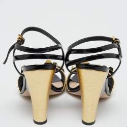 Pre Owned Fendi Gold/Black Leather Studded Wedge Ankle Strap Sandals Size 38