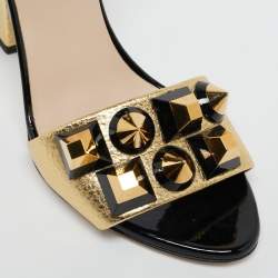 Pre Owned Fendi Gold/Black Leather Studded Wedge Ankle Strap Sandals Size 38
