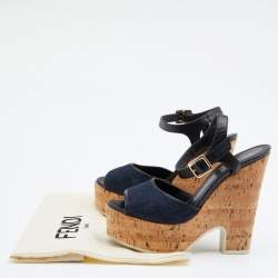 Pre Owned Fendi Navy Blue/Black Denim And Lizard Embossed Leather Cork Wedge Platform Ankle Strap Sandals Size 38