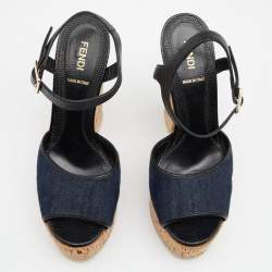 Pre Owned Fendi Navy Blue/Black Denim And Lizard Embossed Leather Cork Wedge Platform Ankle Strap Sandals Size 38