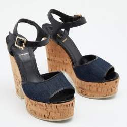 Pre Owned Fendi Navy Blue/Black Denim And Lizard Embossed Leather Cork Wedge Platform Ankle Strap Sandals Size 38