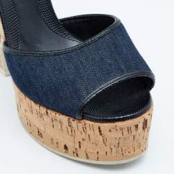 Pre Owned Fendi Navy Blue/Black Denim And Lizard Embossed Leather Cork Wedge Platform Ankle Strap Sandals Size 38