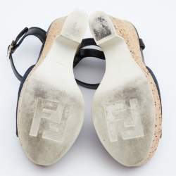 Pre Owned Fendi Navy Blue/Black Denim And Lizard Embossed Leather Cork Wedge Platform Ankle Strap Sandals Size 38