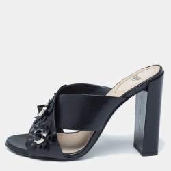Pre Owned Fendi Black Leather Flower Mules Size 38