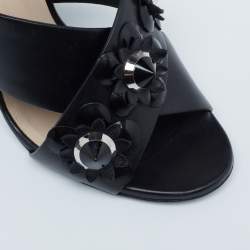 Pre Owned Fendi Black Leather Flower Mules Size 38