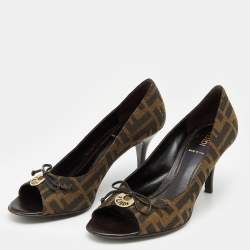 Pre Owned Fendi Brown Zucca Canvas Bow Peep Toe Pumps Size 36