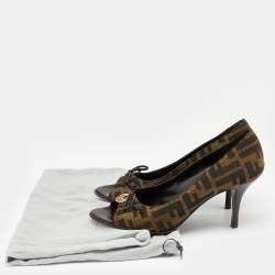 Pre Owned Fendi Brown Zucca Canvas Bow Peep Toe Pumps Size 36