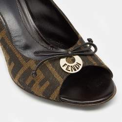 Pre Owned Fendi Brown Zucca Canvas Bow Peep Toe Pumps Size 36