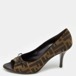 Pre Owned Fendi Brown Zucca Canvas Bow Peep Toe Pumps Size 36