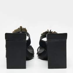 Pre Owned Fendi Blue Denim Flower Embellished Block Heel Sandals Size 39.5