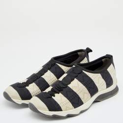 Fendi Black/Off-White Striped Fabric Slip On Sneakers 38.5