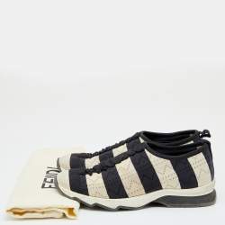 Fendi Black/Off-White Striped Fabric Slip On Sneakers 38.5