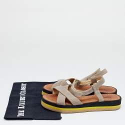 Pre Owned Fendi Grey Embossed FF Suede Criss Cross Flat Sandals Size 36